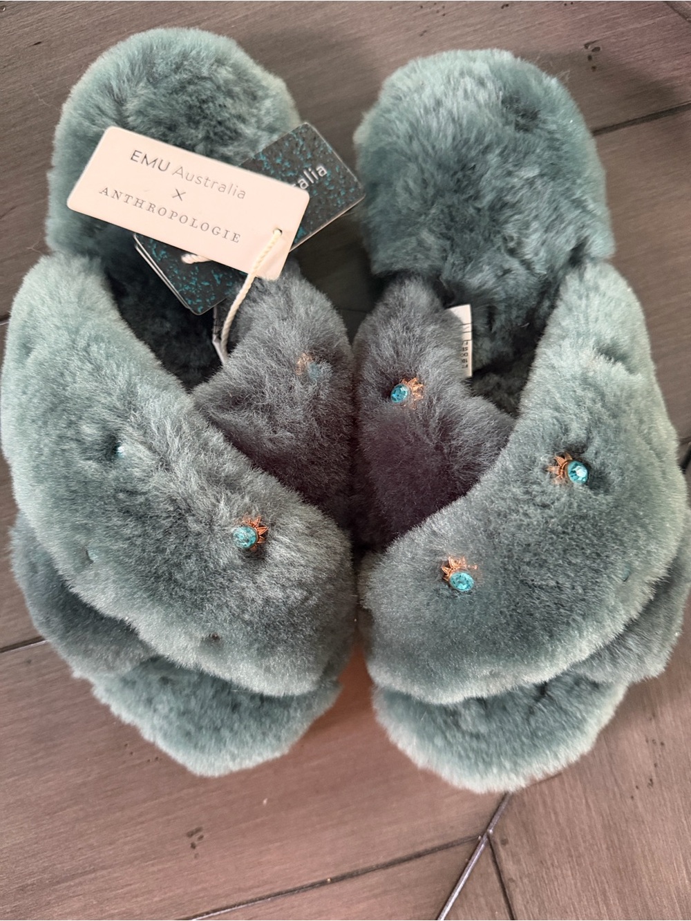 Emu Australia Plush Slide Slippers in Teal with Turquoise Gems